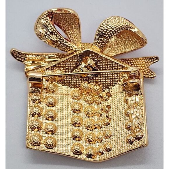 Christmas Present Brooch Red Ribbon Classic Rhinestone & Enamel Simple Elegant - Picture 4 of 4